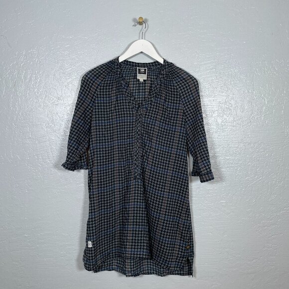 G-Star Raw Women L Black Gray Houndstooth Tunic Blouse 1/2 Button Front - Picture 1 of 9